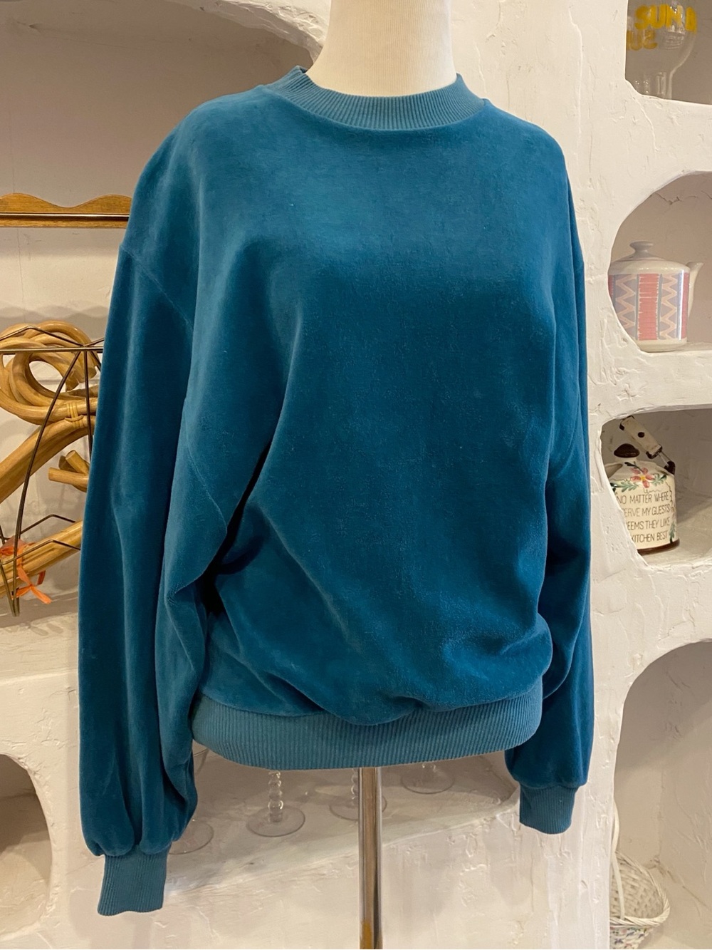 Retro Velvet Teal Crewneck Pullover Batwing Sweatshirt with Stretchy Waistband